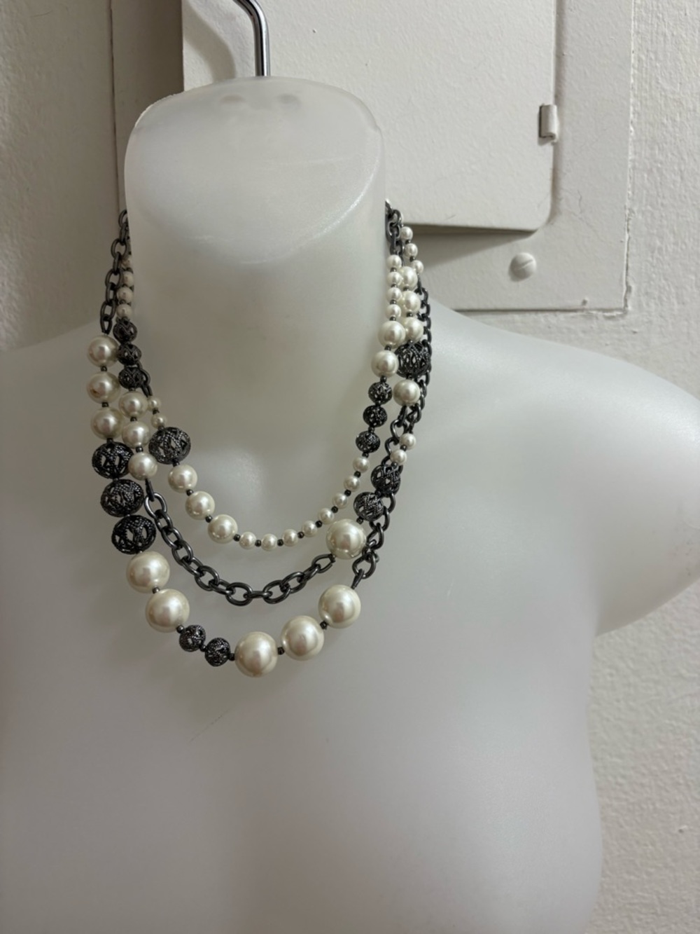 Layered White Pearl and Black Chain Necklace